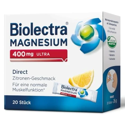 Abbildung von Biolectra Magnesium 400 mg Direct Sticks Zitrone, 20 Stück: Für eine normale Muskelfunktion bei erhöhtem Bedarf, Direkt Sticks, hochdosiert