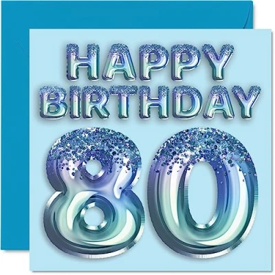 Abbildung von Stuff4 Geburtstagskarte zum 80. Geburtstag für Männer Blauer Glitzer Partyballon Happy Birthday Karten 80 Jahre alten Mann, Großvater, Vater, Oma, 145 mm x mm,