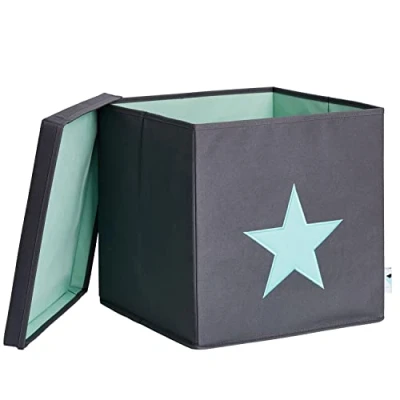 Abbildung von LOVE IT STORE Aufbewahrungsbox mit Deckel Kallax Einsatz aus Stoff Verstärkt Holz, belastbar bis 30 kg Abwaschbar Grau grünem Stern 33x33x33 cm