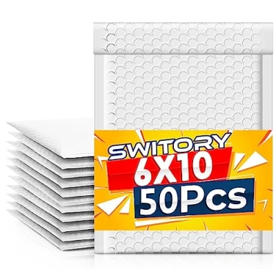 Abbildung von Switory 50 Stück Luftpolsterversandtaschen A5 Polsterumschläge 15,3 cm x 26,9 Poly Bubble Mailer Gepolsterte Umschläge Lined Selbstversiegelnde Blaugrün für die Verpackung Weiß