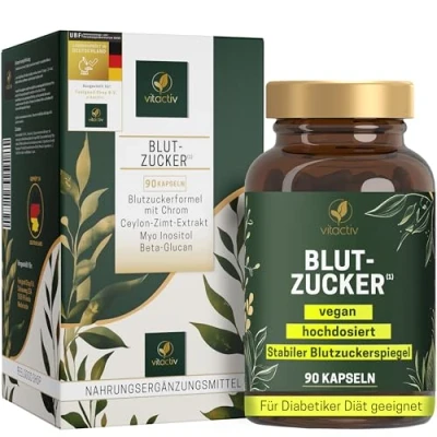 Abbildung von VITACTIV Blutzucker Kapseln 90 Stück Blutzuckerformel mit Chrom, Ceylon Zimt Extrakt, Myo Inositol, Beta Glucan, Olivenblatt Extrakt &amp; Zink Hochdosiert, Vegan, Laborgeprüft in Deutschland