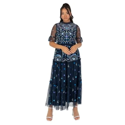 Abbildung von Maya Deluxe Damen Women&#039;s Ladies Midaxi Dress High Neckline 3/4 Sleeve Embroidered Tulle Empire A line for Evening Occasion Prom Ball Gown Kleid, Navy Blue, 46