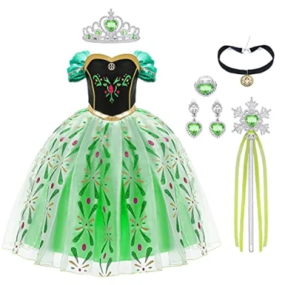 Abbildung von URAQT Mädchen Kostüm Kleid, Kinder Prinzessin für Karneval Party Cosplay Verkleidung Halloween Fest Geburtstag, mit Zubehör Krone Zauberstab, 120CM