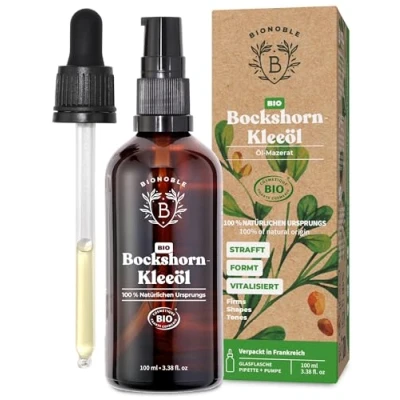Abbildung von Bionoble Bockshornklee Öl Bio 100ml Mazerat aus Bockshornkleesamen + Sonnenblumenöl Körper, Brustbereich, Gesäß, Haare, Nägel Vegan Fenugreek Oil Glasflasche Pipette Pumpe