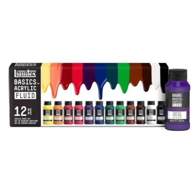 Abbildung von Liquitex 3699431 Basics Fluid Acrylfarbe Set mit fließender Konsiszenz, schnell trocknend, lichtecht, wasserfest, auf Wasserbasis 12 Farbenset a 118ml Flaschen