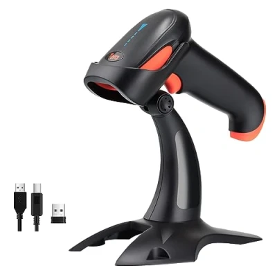 Abbildung von Tera Barcode Scanner 2D 1D 3 in 1 Barcodescanner Wireless 2.4 GHz/Bluetooth/USB Kabelgebunden Strichcode mit 2000mAh Akku /2M Kabel/Super Stabiler Ständer, HW0002