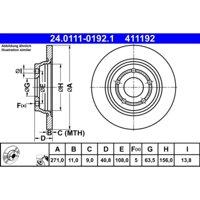Abbildung von ATE 24.0111 0192.1 Bremsscheibe 271,0 11,0 5 108,0 voll beschichtet FORD: Focus Mk4 Turnier, Hatchback, Saloon