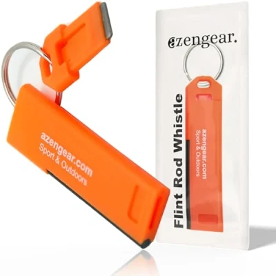 Abbildung von aZengear Survival Pfeife mit Feuerstarter und Schlüsselanhänger, laut, neutral, leicht, dünn, wasserdicht, für Notfall, Wandern, Rettung, Sicherheit, Hundespaziergang, EDC (Dunkelorange)