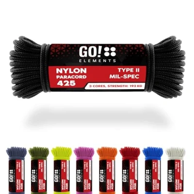 Abbildung von GO!elements 15m Paracord Seil aus reißfestem Nylon 3mm 425 Typ II max. 192kg Schnüre als Outdoor Seil, Allzweckseil, Survival Armband, Hundeleine, Nylonschnur, Farbe: Schwarz