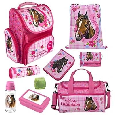 Abbildung von Familando Schulranzen 1. Klasse · ergonomischer Tornister Schultasche für Jungen und Mädchen (9 teiliges Set mit Sporttasche, Pferde Pink)