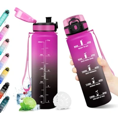 Abbildung von Trinkflasche 500ml, Wasserflasche mit Zeitmarkierung, Filter, Auslaufsicher, BPA frei, Sportflasche für Fitness, Fahrrad, Büro, Schule, Outdoor, Yoga, Erwachsene, Sprudel geeignet