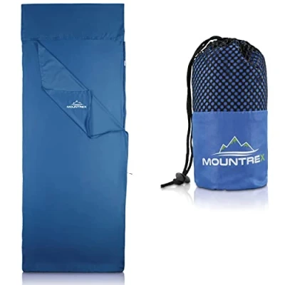 Abbildung von MOUNTREX® Hüttenschlafsack Schlafsack Inlett mit durchgängigem Reißverschluss (220 x 90cm) Outdoor &amp; Indoor Sommerschlafsack, Innenschlafsack Kleines Packmaß Besonders Weich (Blau)