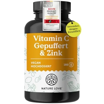Abbildung von NATURE LOVE® Vitamin C Gepuffert &amp; Zink 180 Kapseln hochdosiert 1000mg + 15mg Fermentation von Mais, pH neutral, säurefrei laborgeprüft, vegan und in Deutschland produziert