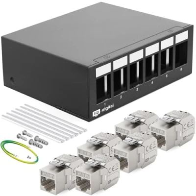 Abbildung von HB DIGITAL 6 Port Patchpanel Patchfeld Verteilerfeld 1 HE 6x CAT 7 RJ45 Keystone Jack Modul vollgeschirmt STP 10 Gbps Kompatibel mit Verlegekabel Netzwerkkabel Ethernet LAN Schwarz