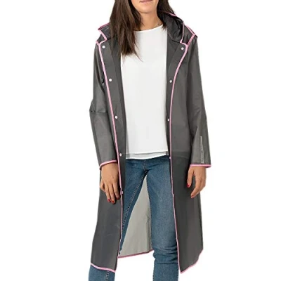 Abbildung von PERLETTI Regenponcho Wasserdicht Damen Herren Reflktierende Details Regenjacke Wandern Outdoor Trekking Reisen mit Kapuze Regen Cape Waterproof Kompakt Camping (S, Grau Rand Pink)