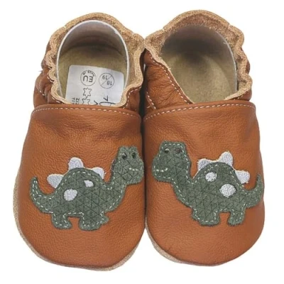 Abbildung von HOBEA Germany Krabbelschuhe für Jungs und Mädchen in verschiedenen Designs, Kinderhausschuhe Jungen, Lederschuhe, Schuhgröße:22/23, Modell Schuhe: Dino braun