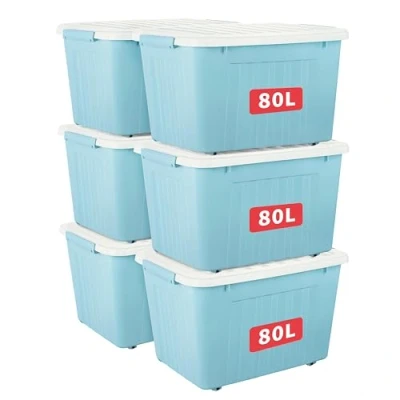Abbildung von Cetomo 80L*6 Aufbewahrungsboxen mit Deckeln, Kunststoff Aufbewahrungsbox Rollen und Clips, Kunststoffbox für Zuhause Büro, BPA frei, Nestbar, Stapelbar, Blau, 80L 6er Pack