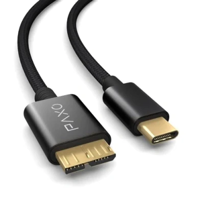 Abbildung von PAXO 3m Nylon USB C Micro 3.1 (USB 3.0) Festplattenkabel, 5Gbit/s, HDD Kabel, Datenkabel, Ladekabel schwarz, Stecker auf B