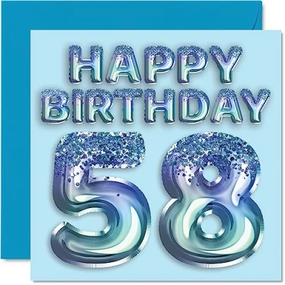 Abbildung von Stuff4 Geburtstagskarte zum 58. Geburtstag für Männer Blauer Glitzer Party Ballon Happy Birthday Karten 58 Jahre alten Mann, Onkel, Großvater, Vater, Opa Oma, 145 mm x mm,