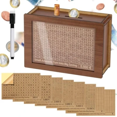 Abbildung von Alyvisun Spardose 5000 aus Holz mit Aufklebern und Marker, Wiederverwendbare Geldzähler Cash Box Ziel verschiedener Einsparungen für Kinder Erwachsene (500 10000)
