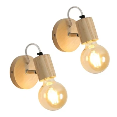 Abbildung von Comely Natürliche Holz Wandleuchte 2er Set, 10x10x13cm, E27, Skandinavisches Design, ohne Leuchtmittel
