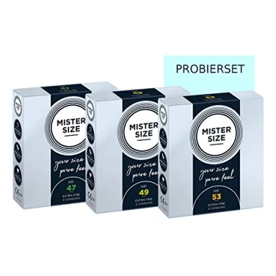 Abbildung von MISTER SIZE Kondome gefühlsecht hauchzart (47 49 53 mm) 3x3 Probierset/extra dünn, extra fein, feucht/aus 100% Naturkautschuk Latex in deiner Größe XS M &quot;schlankes Trio&quot;