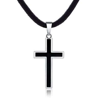 Abbildung von DonDon Herren Halskette Leder 50 cm und Anhänger Kreuz zweifarbig aus Edelstahl verpackt in einem schwarzen Geschenkbeutel