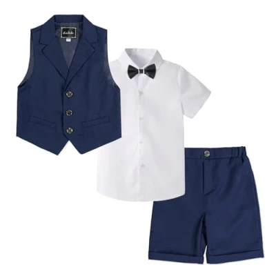 Abbildung von LOLANTA 4 teiliger Kinder Freizeit Anzug Set, Jungen Sommer Festlich Hochzeitsanzug, Kurzarm Hemd, Fliege, Weste, Kurze Hose, Dunkelblau, 2 3 Jahre, 110