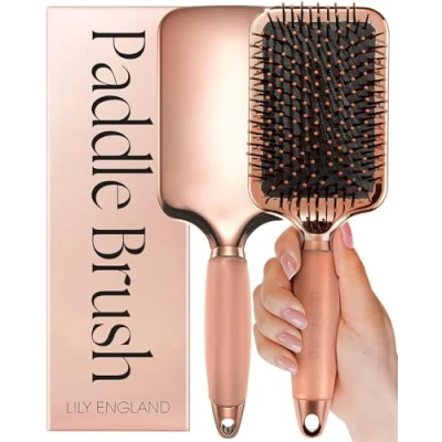 Abbildung von Haarbürste ohne Ziepen Bürste zum Entwirren Frauen Geschenk Paddle Brush Angenehme Borsten für die Haare &amp; Kopfhaut alle Haartypen (Roségold Schwarz)