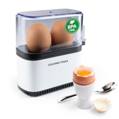 Abbildung von GOURMETmaxx Eierkocher für 2 Eier Egg Boiler mit Eierstecher im Messbecher Cooker 3 Härtegrade deinen Eierbecher Design klein spülmaschinenfeste Teile