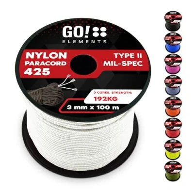 Abbildung von GO!elements 100m Paracord Seil aus reißfestem Nylon 3mm 425 Typ II max. 192kg Schnüre als Outdoor Seil, Allzweckseil, Survival Armband, Hundeleine, Nylonschnur, Farbe:Weiß