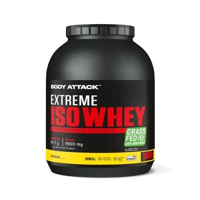 Abbildung von Body Attack Extreme Iso Whey, Banana, 1,8 kg, CFM Whey Protein Isolat aus 100% irischer Weidemilch, glutenfrei, reich an EAAs, perfekt löslich, fettarm, ohne Aspartam, 90,6% Anteil