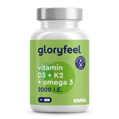 Abbildung von Vitamin D3 K2 Omega 3 Premium: K2VITAL® von Kappa 99,7+% All Trans MK7 aus 1000mg Fischöl (Triglycerid Form) + 2.000IE hochbioverfügbares Sorgfältig laborgeprüft
