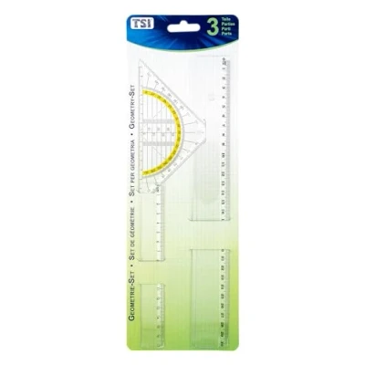 Abbildung von TSI Zeichengarnitur 3 teilig, mit Lineal 17 cm + 30 und Geodreieck 16 cm, transparent, Art. Nr. 46293