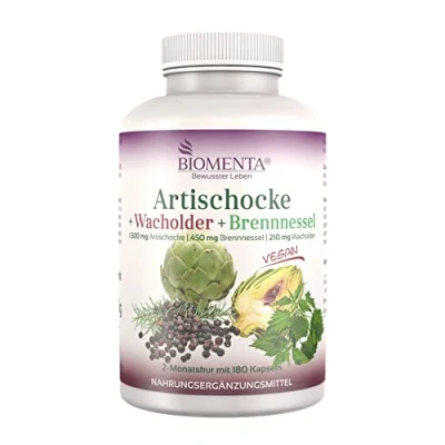Abbildung von BIOMENTA Artischocke + Wacholder Brennnessel 180 Artischocken Kapsel hochsdosiert Wacholder, 1.500 mg Extrakt/Tag mit echtem Cynarin vegan Premiumqualität