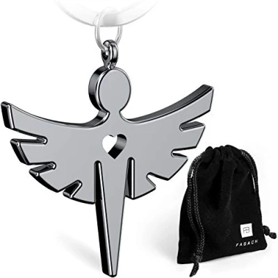 Abbildung von FABACH Schutzengel Fabiel Schlüsselanhänger mit Herz Edler Engel Anhänger aus Metall in glänzendem Silber Glücksbringer Geschenk für Auto, Führerschein Fahr vorsichtig