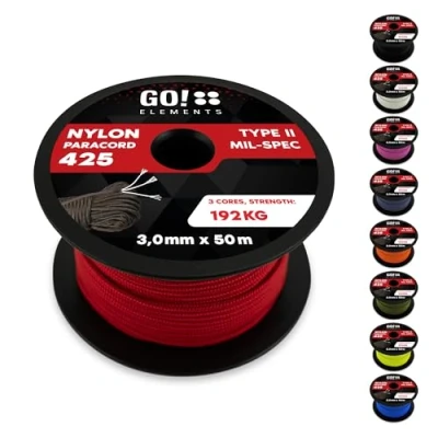 Abbildung von GO!elements 50m Paracord Seil aus reißfestem Nylon 3mm 425 Typ II max. 192kg Schnüre als Outdoor Seil, Allzweckseil, Survival Armband, Hundeleine, Nylonschnur, Farbe:Rot