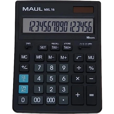 Abbildung von MAUL Kaufmännischer Taschenrechner MXL16 angewinkeltes Display mit 16 Stellen inkl. Steuerberechnung groß: 20, 5x15, 5 cm Profi Tischrechner Solar/Batterie Schwarz