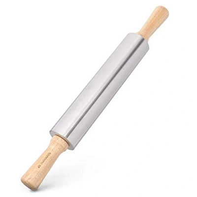 Abbildung von Navaris Nudelholz aus Edelstahl mit Holzgriffen Teigroller Metallachse Rollholz Wellholz Walze Nudelwalker zum Backen Ausrollen