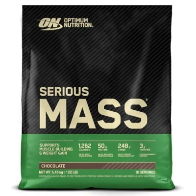 Abbildung von Optimum Nutrition Serious Mass hochkalorisches Proteinpulver für Masseaufbau mit 25 Vitaminen und Mineralien, Kreatinmonohydrat Glutamin, Schokoladengeschmack, 16 Portionen, 5,45 kg