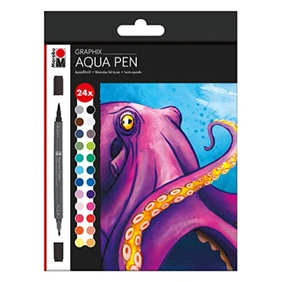 Abbildung von Marabu 0145000000106 Aqua Pen Graphix, Octopy, 24 Aquarell Filzstifte im Set mit brillanter Farbe, wasserbasierte Tusche, Doppelspitze, aquarellierbar auf Papier