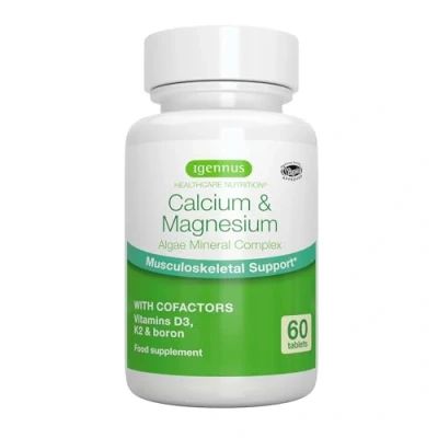 Abbildung von Calcium Magnesium Komplex mit Vitamin D3, K2 und Bor als Co Faktoren, hochdosiert, Algen Mineral Komplex, vegan, 60 Tabletten, von Igennus