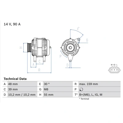 Abbildung von BOSCH 0 986 049 211 Lichtmaschine 14V 90A TOYOTA: Yaris I Hatchback