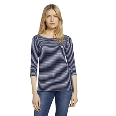 Abbildung von TOM Tailor Stripe BOAT NECK Langarmshirt navy/white, Damen, Größe: Large, Navy/white