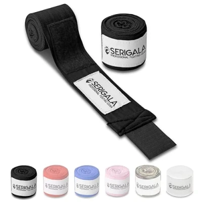 Abbildung von Serigala 4,5m Boxbandagen mit Daumenschlaufe Halb elastische Bandagen Boxen extra breitem Klettverschluss Kampfsport für Thaiboxen, Kickboxen, MMA und Muay Thai Schwarz