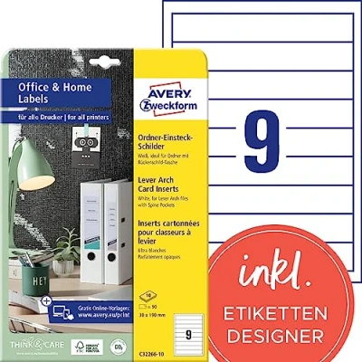 Abbildung von AVERY Zweckform C32266 10 Ordnerrücken Einsteckschilder (90 Rückenschilder, 30x190mm auf A4, bedruckbar, zum Einstecken für schmale/kurze Ordner, Mikroperforation, fürs Home Office) Blatt, weiß