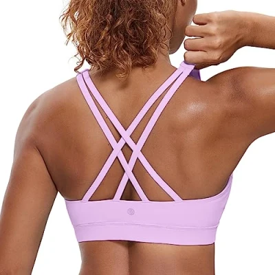 Abbildung von CRZ Yoga Damen Ohne Bügel Sport BH Gekreuzt Rücken Spaghetti Top Abnehmbare Pads Croptop Flieder S