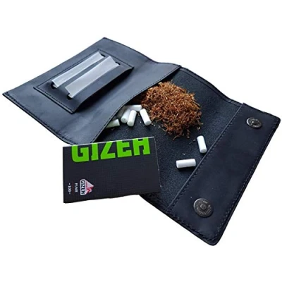 Abbildung von Indian Pearl Echtleder Tabaktasche I gratis GIZEH Doppelpapers Handgemachter Tabakbeutel Drehertasche leder, Tobacco pouch, Drehbeutel, Drehtabak Schwarz