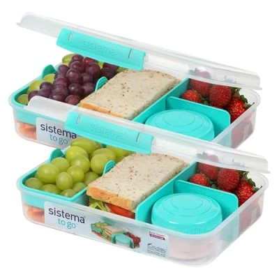 Abbildung von Sistema To Go Bento Box Create Lunchboxen mit Fächern &amp; Snack Pots 1,48 L BPA frei 2 Stück Minty Teal