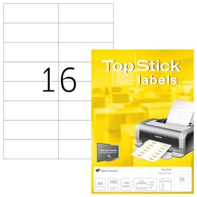Abbildung von TopStick 8712 Universal Etiketten, 100 Blatt, 105 x 37 mm, 16 pro A4 Bogen, 1600 Stück, selbstklebend, bedruckbar, matt, blanko Papier Klebeetiketten Aufkleber, weiß